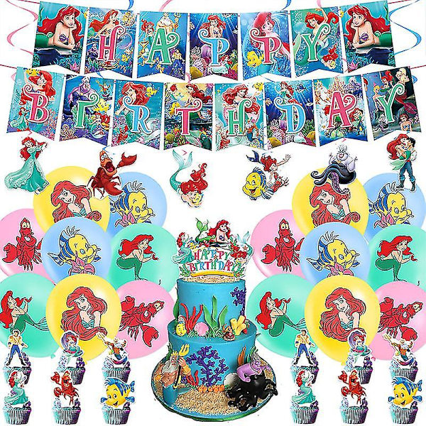 Sjöjungfru Prinsessa Tema Födelsedagsfest Dekorationer Ariel Flicka Födelsedag Pull Tab Tårta Insats Ballon Spiral  (FMY) Set B
