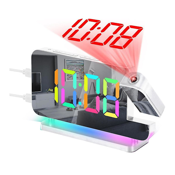 Projektionsvækkeur, 7,4 tommer LED-spejl digitale ure display, +180 roterbar projektor, natlys hvid (FMY)
