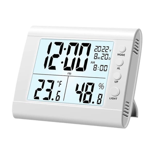 Digital Väckarklocka Hygrometer Lättläst Stor Digital Display Hushållstermometer Multifunktionell Klocka för Vardagsrum (FMY) White