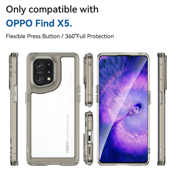 Tpu + akryylihybridikuori Oppo Find X5:lle, riippumattomat painikkeet iskunkestävä suojakotelo (FMY) Transparent Grey