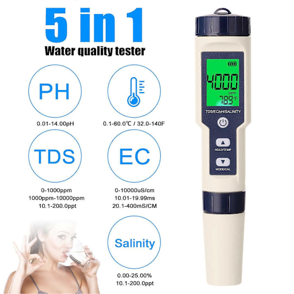 5 i 1 Professionell Multi-parameter Combo Testmätare PH/EC/TDS/Salthalt/Termometer Digital Multifunktionell Testare Vattenkvalitetstestare (FMY) with backlight