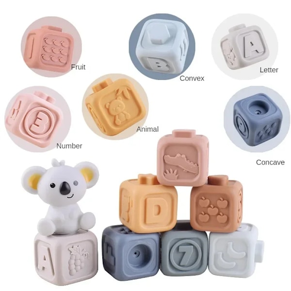 Baby Silikon Byggeklosser Montessori Leke for Babyer Klem Stakker & Biten Leke Tidlig Læring Leke Småbarn Gutter Jenter (FMY) Ring 6pcs Koala