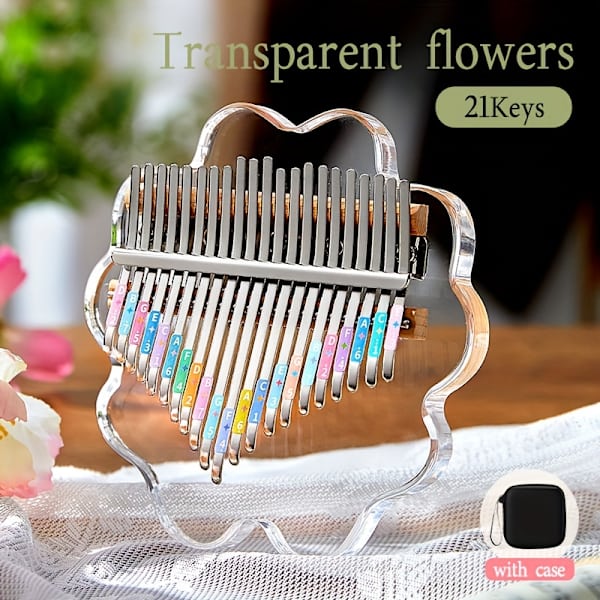 21-Tast Transparent Krystalklar Blomsterformet Bærbar Tommelklaver - Let at Spille Musikinstrument til Begyndere med Tegneserie Design (FMY) Transparent 21Keys kalimba with case
