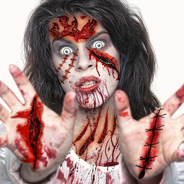 Realistiset Veriset Saumat & Haavat Pelottavat Kasvoarvet - Vedenkestävät, Kestävät ja Pitkäkestoiset Väliaikaiset Tatuaalit Aikuisten - Täydellinen Halloweenille (FMY) 9 Sheets In One Package