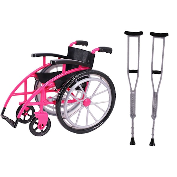 1 Set med dockvagn och kryckor leksakssats Röd mini-rullstol modell Miniatyrrullstol Kryckor prydnader för barn Lekleksak för (FMY) Pink One Size