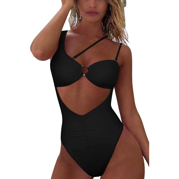 Womens One Shoulder Cutout Ruched Back High Cut Monokini One Piece Swimsuit, Black, L (FMY)