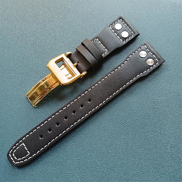 För IWC Läderarmband med Nitar Viklås i Kalvskinn 21mm (FMY) Black 22mm