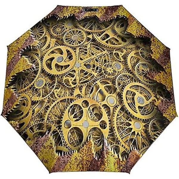 Cool Steampunk Gears Mønster Automatisk Foldbar Rejseparaply Kompakt Foldbar Udendørs Paraplyer Til Kvinder Mænd bd011703 (FMY) COLOR One Size