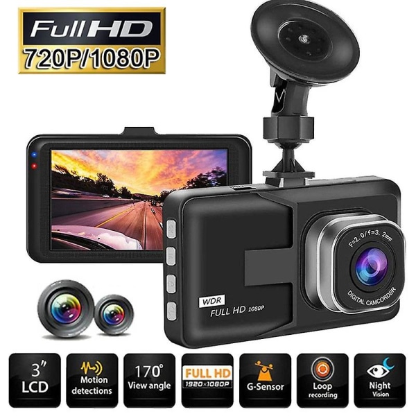 Full HD 1080p Bil Dash Cam Video Recorder Körning för bil Dvr Camera 3" Cykelinspelning Nattvidvinkel Dash Cam Video Registrar (FMY)