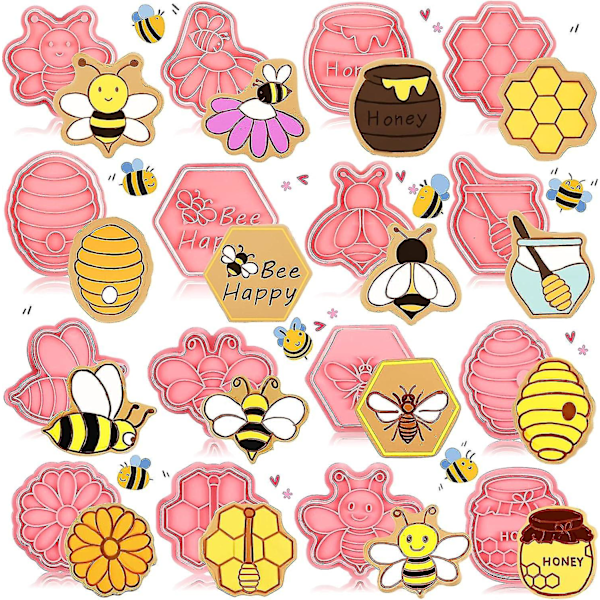 16 st Bee Kakformar med Stämplar Set Mini Bee Honungskaka Kakformar 3D Plast Keksform Fondant Kakstämpare för Kakor (FMY)