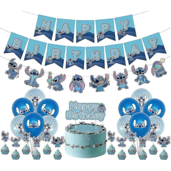 Lilo ja Stitch -syntymäpäiväkoristeet, Stitch -syntymäpäivälippu, kakun koristeet, ilmapallot, Stitch -teemainen syntymäpäiväjuhlan koristeet (FMY)