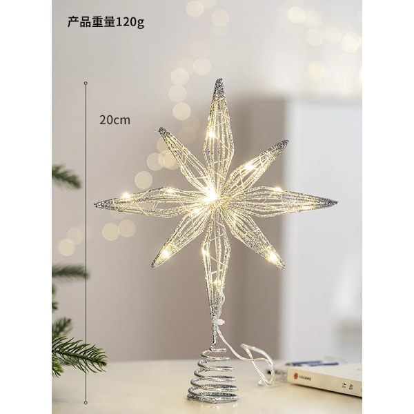 Julgrans Topp Glitter Guld Stjärna Julgrans Topp Upplyst med Varma Vita LED-lampor för Semesterdekoration Fest Inomhus Deko (FMY) 20cm Silver LED