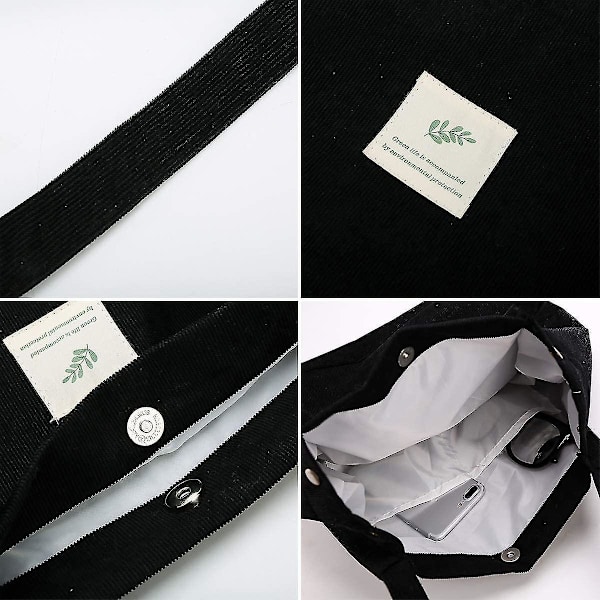 Kordväv Tote Bag för kvinnor flickor barn axelväska med innerficka shoppingväska  (FMY) Black