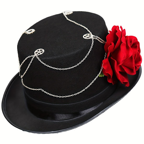 Steampunk-hattu - Gootti-inspiroitu, Mattamusta, Irrotettava Punainen Ruusu, Jazz Fedora -tyylinen Goggle-ketjuvaihteella - Täydellinen Naisten Halloweenille (FMY) Head Circumference22.8-23.2"
