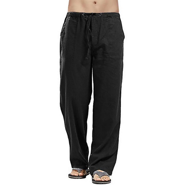 Baggy strandbukser i linned til mænd med brede ben Elastik i taljen Casual løse haremsbukser (FMY) Black M
