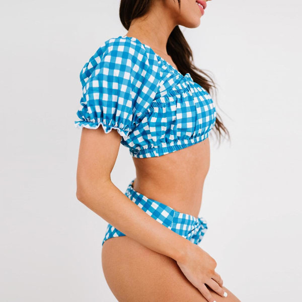 Naisten söpöt kiinteät kuplahihat, korkeavyötäröiset kaksiosaiset bikinit uimapuku ruudullinen Sky Bluexl (FMY)