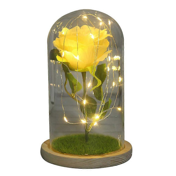 Konserverad Ros Dekoration Simulerad Blomma USB Kupol Glas Ljusskenande Romantisk Alla Hjärtans Dag Present Heminredning för Par (Gul) (FMY) Yellow 14.5X14.5X23cm
