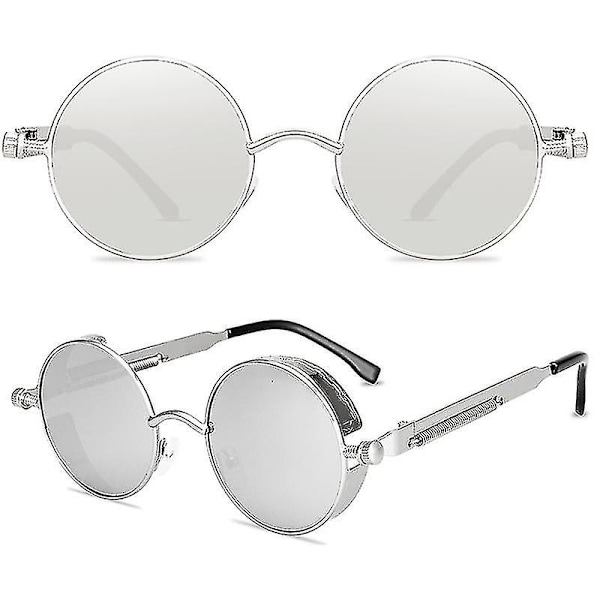 Vintage Polariserende Steampunk Solbriller Mænd Runde Solbriller Stilfulde (FMY) Silver Frame and Lenses