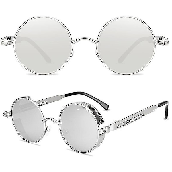 Vintage Polarisoivat Steampunk-Aurinkolasit Miehille Pyöreät Aurinkolasit Tyylisä (FMY) Silver Frame and Lenses