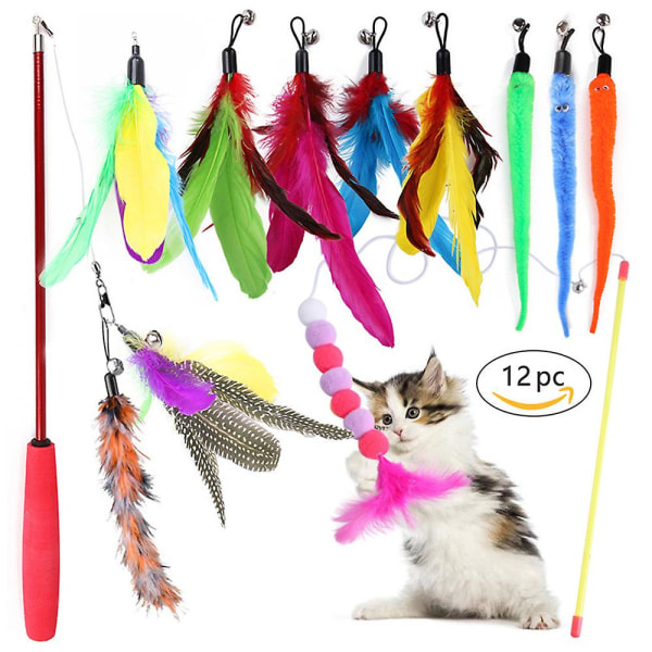 12 stk Feather Teaser Cat Toy, 2 stk uttrekkbare interaktive Cat Teaser-stenger, 10 stk erstatningsfargerike fjærpåfyllinger med bjeller (FMY)
