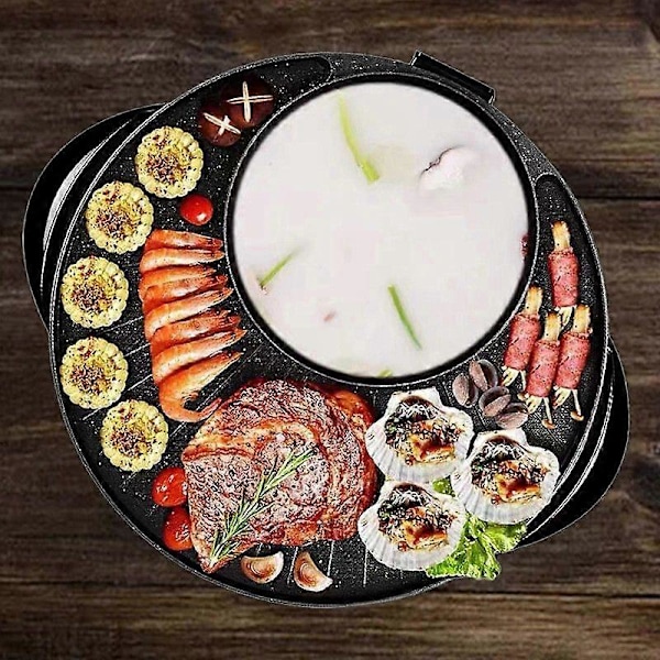 Elektrisk Grill och Varm Gryta 2 i 1 Bärbar Köksutrustning Rund Multifunktionell Koreansk BBQ för Familj Inomhus Picknick Camping Utomhus (FMY) 34cm