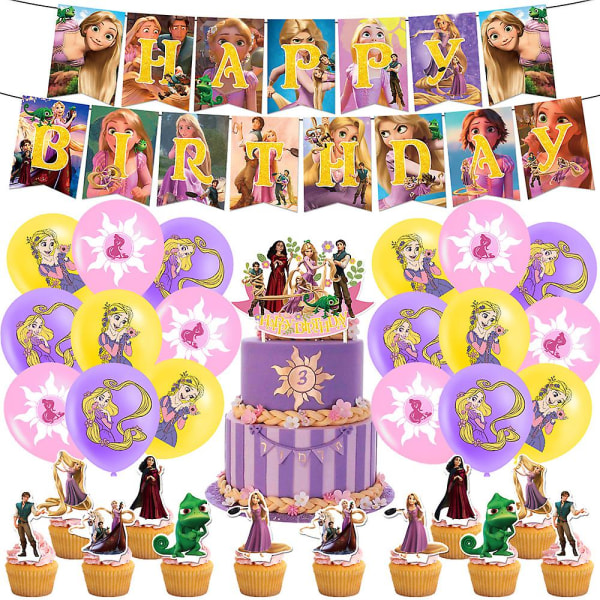 Tangled Rapunzel Princess Bursdagspynt Festrekvisita Ballonger Banner Cake Toppers Sett (FMY)