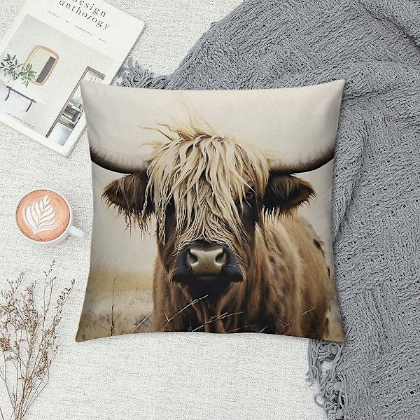 Highland Cow Kudde - Brun Tryckt Ko Kudde - Dekorativ Ko Kudde för Soffa, Stol, Sovrum, Lanthus, Soffa zx51 (FMY) 20x20in 50x50cm