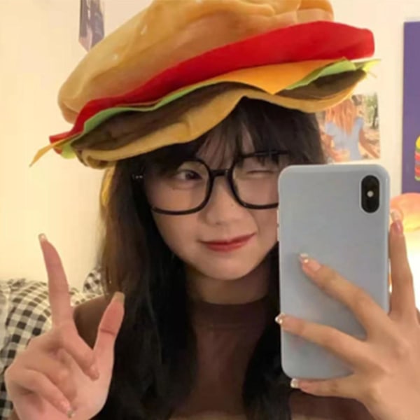 Hamburgerhatt för vuxna, söt rolig realistisk mysig stretchig kostymaccessoar mjuk herr dam snabbmat hamburgerkeps för present (FMY) Yellow One Size