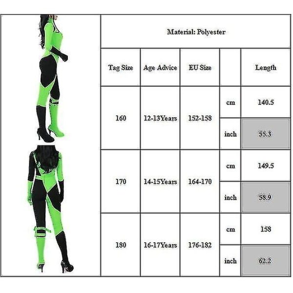 Dam Kim Possible Miss Go Bodysuit Jumpsuit Shego Cosplay Kostym Halloween Party Karneval Party Fancy Dress Up (FMY) 160