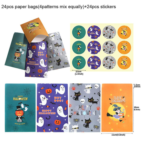 24 stk Halloween-slikpapirposer med etiketklistermærker Tegneseriegræskarspøgelsestryk Godbidder eller trick-emballage Festfavoritter (FMY)