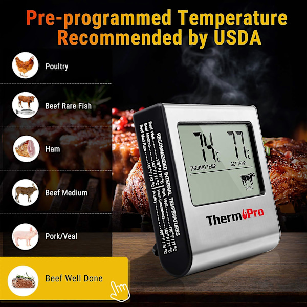 TP16 Digitalt Steketermometer med Timer for BBQ, Grill, Røyker (FMY)