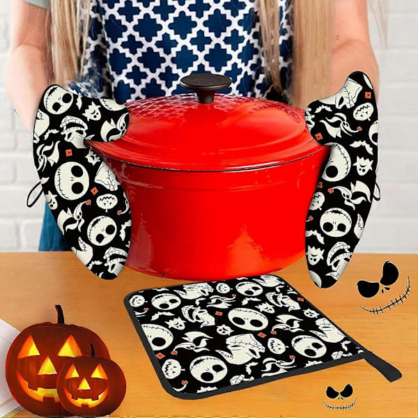 Halloween Ugnsvantar och Grytlappsset Julkök Värmebeständiga Halksäkra Ugnshandskar för Säker Grillning Matlagning Bakning (FMY) Halloween-01