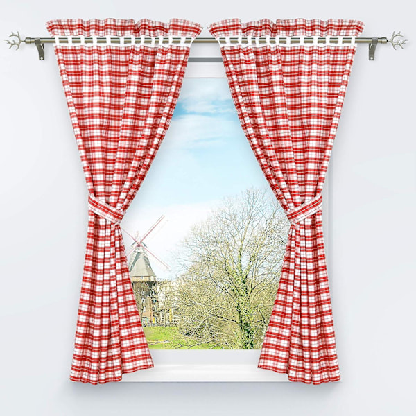 Setti 2 kappaletta läpikuultavia rei'itettyjä verhoja 2 pidikkeellä ruudullinen kuvio Ikkunan sisustus makuuhuoneen sisustukseen Punainen 120*80cm  (FMY)