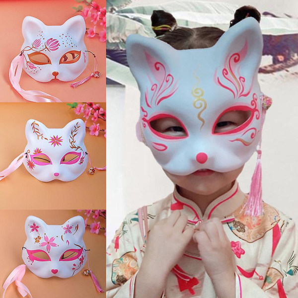 Japanilaiset käsinmaalatut Kabuki Kitsune Foxes Naamiot Japanilainen Anime Cosplay Halloween Juhla-asu rekvisiitta elastisella vyöllä (FMY)