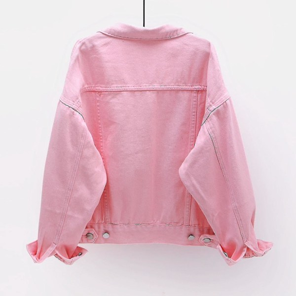 Dame forår og efterår frakker Varm solid langærmet denimjakke overtøj (FMY) Pink XXL