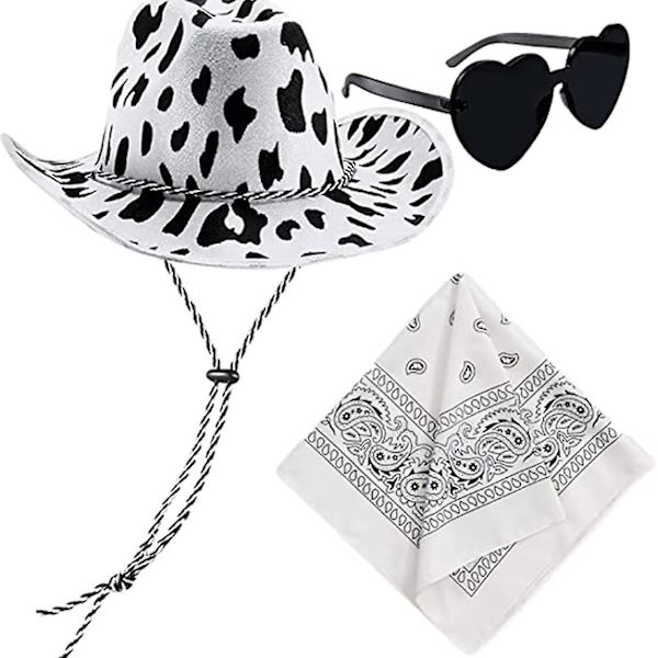 Cowboy-hatter, vestlige cowgirl-hatt, bandana, briller, unisex cowboy-hatt, bursdagskostyme, cosplay-kjole, festtilbehør (FMY) blackwhite hat