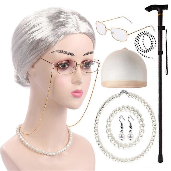 Børn Drenge Piger 100 Dages Skole Gammel Mand/Gammel Dame Kostume til Børn Halloween Fest Bedstefar/Bedstemor Kostume Paryk Tilbehør Sæt (FMY) Silver Women