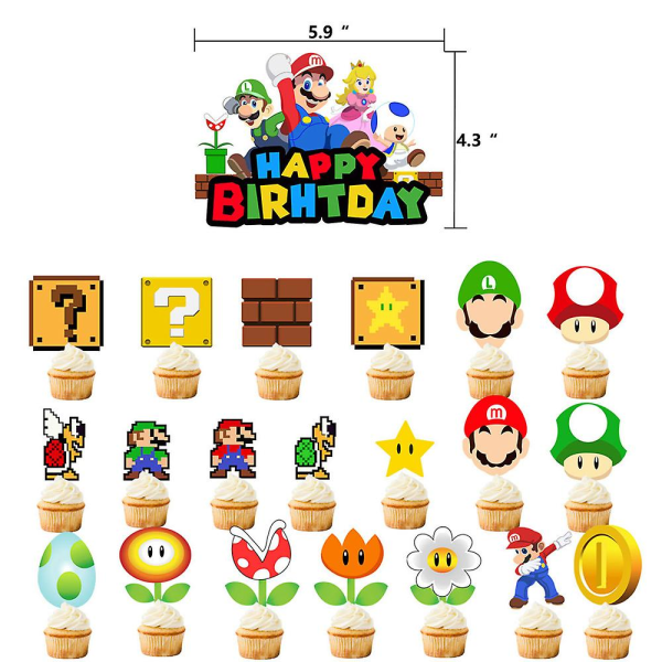 Super Mario Tema Fest Tilbehør Fødselsdag Banner Kage Cupcake Toppers Balloner Dekorationssæt Gaver (FMY)