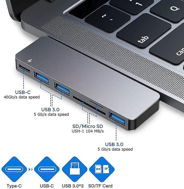 USB-C Hub Adapter til Macbook Pro/Air 2020 2019 2018, 6 i 1 USB-C Acc (FMY)