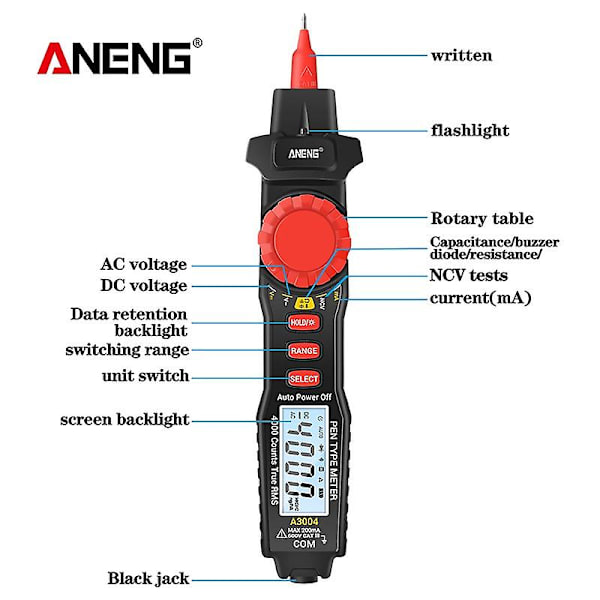 A3004 Elektrisk digital multimeter pennformad mätare 4000 räkningar Ac/dc spänning motstånd kapacitans diod kontinuitet testare verktyg utan batteri   (FMY)