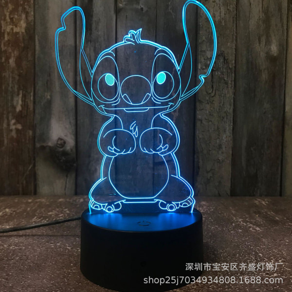 Sarjakuva Kawaii Stitch Lilo ja Stitch Anime -hahmo 3D Optinen illuusio Led Makuuhuoneen sisustus Unipöytälamppu kaukosäätimellä 7 väriä (FMY)