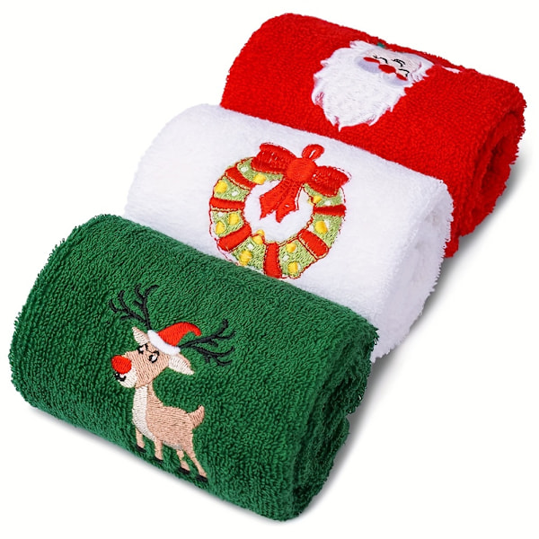 Julehåndklær: 3-delt sett med julenissen, reinsdyr og kransdesign - Myke, bomulls, 17,8\" L x 12,6\" B Perfekt for badet ditt O  (FMY) 3PCS