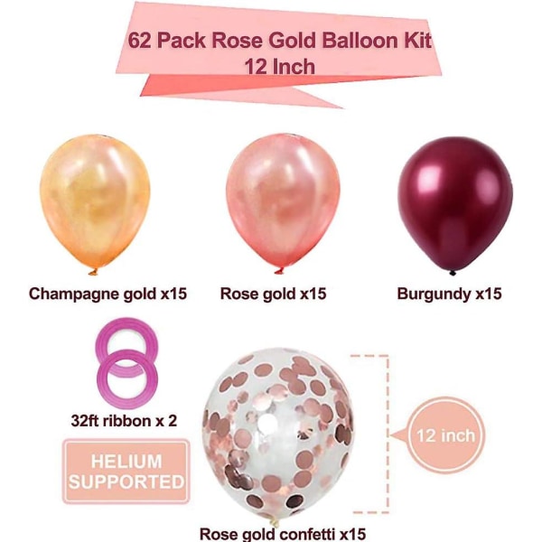 62 stycken konfettiballonger i roséguld och vinrött, 12 tum roséguld konfetti vinrött roséguld latexballonger med ballongband (FMY)