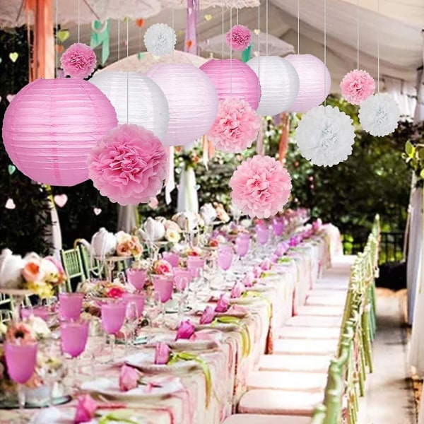 15 st Party Pack papperslyktor och Pom Pom bollar Hängande dekoration för bröllopsfödelsedag Baby Shower-rosa/vit (FMY)