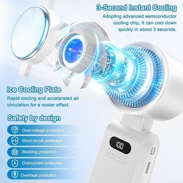 Håndholdt ventilator - MOURSIIENY - 2025 - 5000 mAh - LED-display - Køler på 3 sekunder