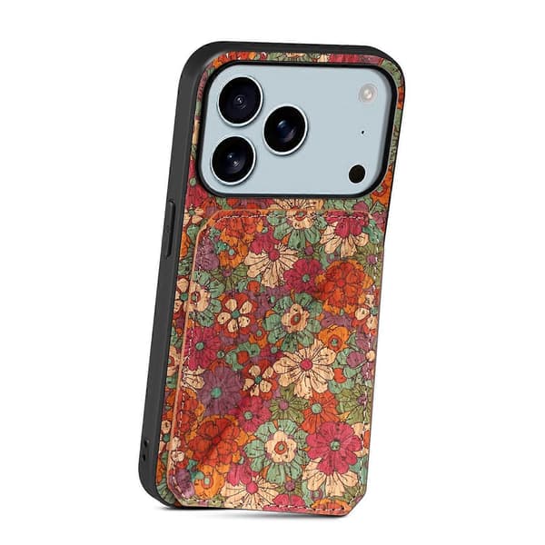 Compatible iPhone 17 Pro Case with Card Holder Stand Floral Pattern Leather Phone Case Summer Red