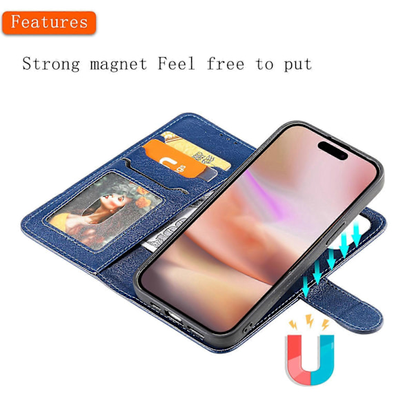 iPhone 16 Plus -kotelo PU-nahkaa 2 in 1 lompakkopuhelinkotelo magneettisesti irrotettava Blue