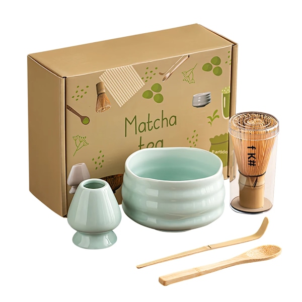 Baiben Li Matcha-verktyg i japansk stil, Rego-låda med tepinne från Songdynastin, Matcha-skål Light green Five-piece Set