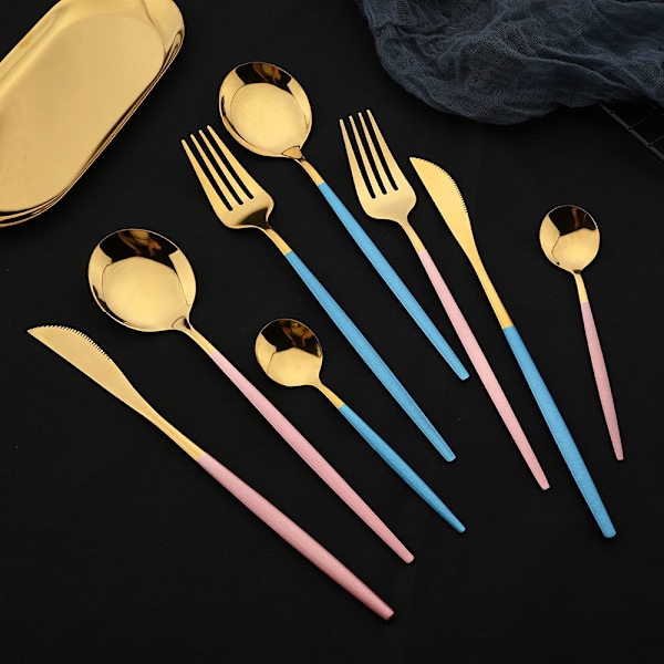 16 stk. Kniv, Kniv, Bestiksæt til Aftensmad i Ahorn Rustfrit Stål Rosa White Gold