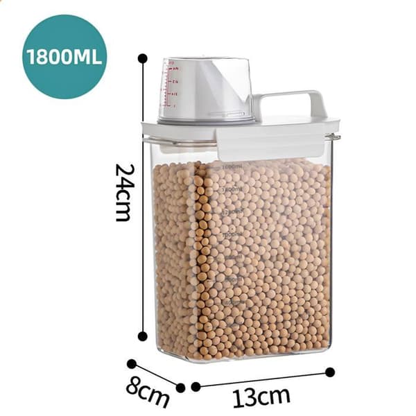 Sæt med 2 vasketøjsopbevaringsbeholdere, 1800 ml vaskemiddeldispenser med målebæger, vaskemiddeldispenser, beholder